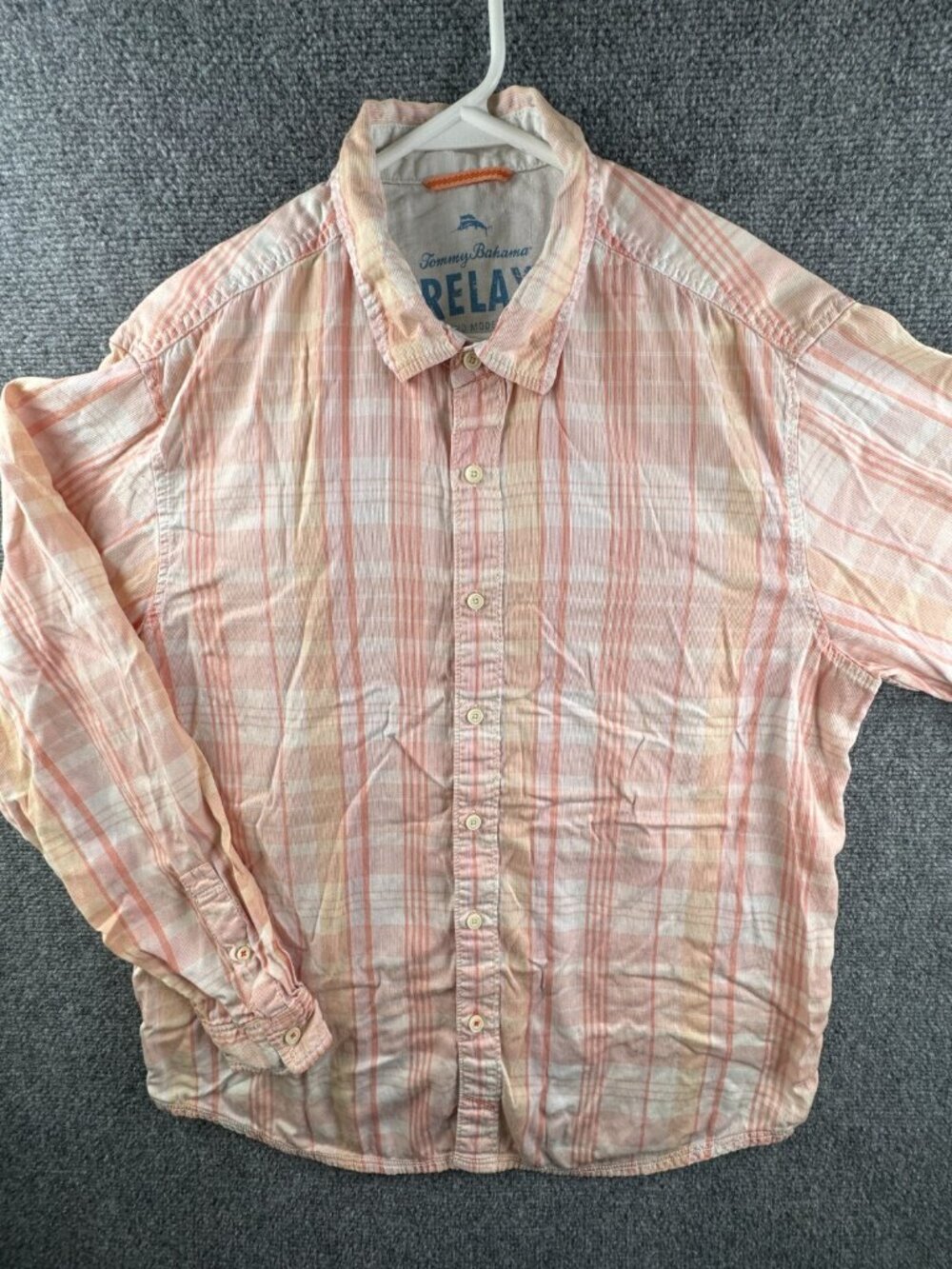 Tommy Bahama Button Up Shirt Long Sleeve Hawaiian Orange Striped Large Tencel